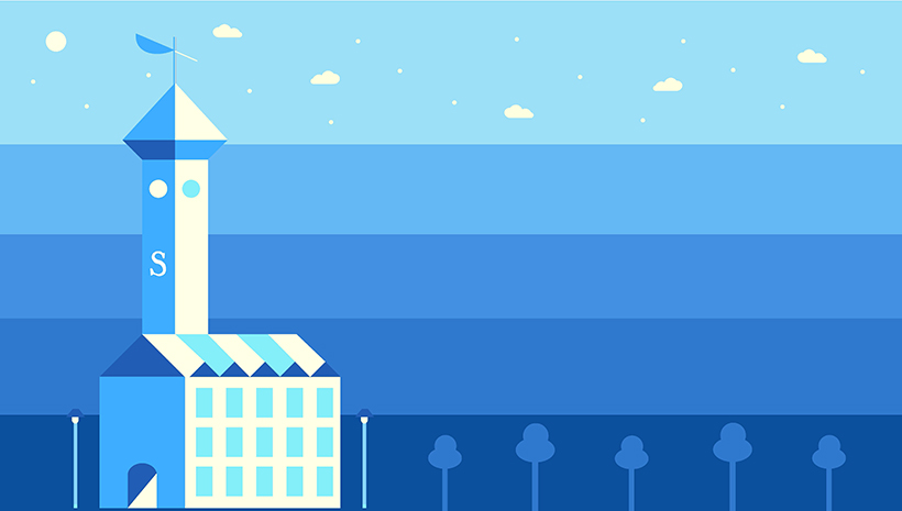 illustrated clocktower with blue gradient background