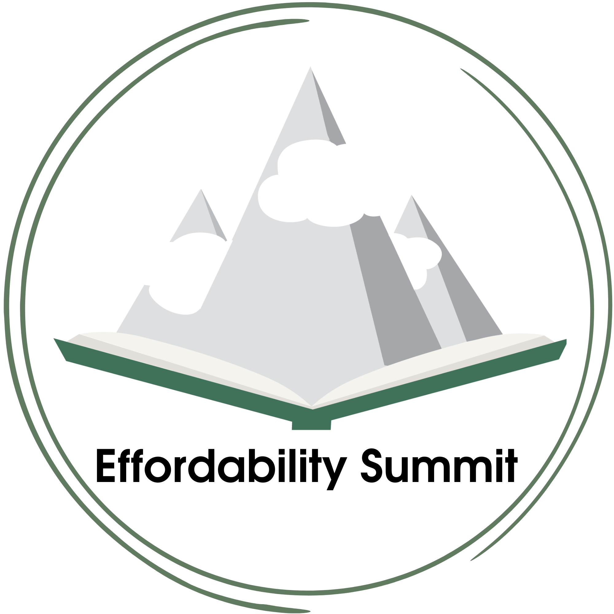 The logo for the Effordability Summit is an open book with mountains rising from it.