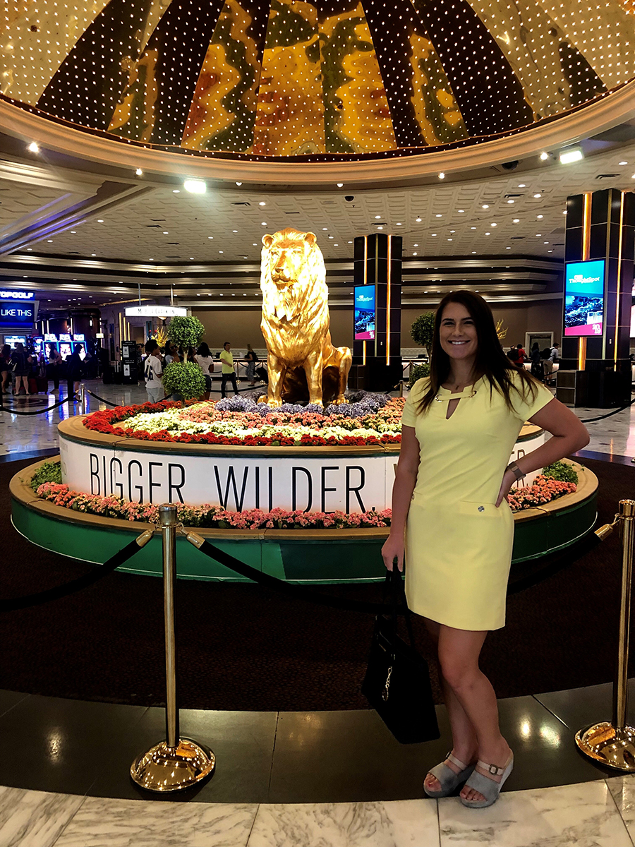 Nimsgern pictured with the iconic lion at the MGM Grand lobby. She was one of 40 interns picked out of 1,200 applicants.