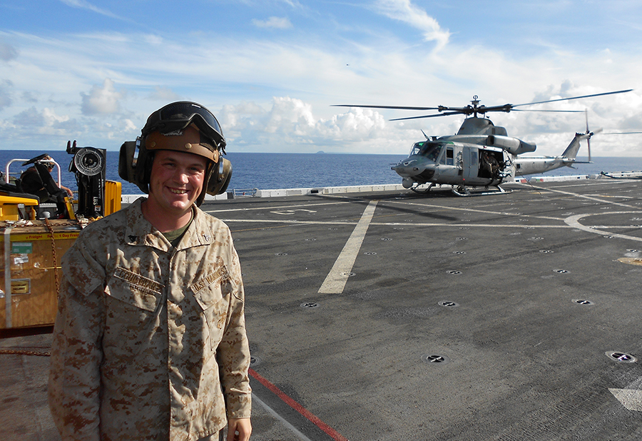 Brent Coulthart works on the deck of the USS San Diego near Iwo Jima, Japan, while deployed to the Persian Gulf in 2014. He was a helicopter mechanic in the Marine Corps.