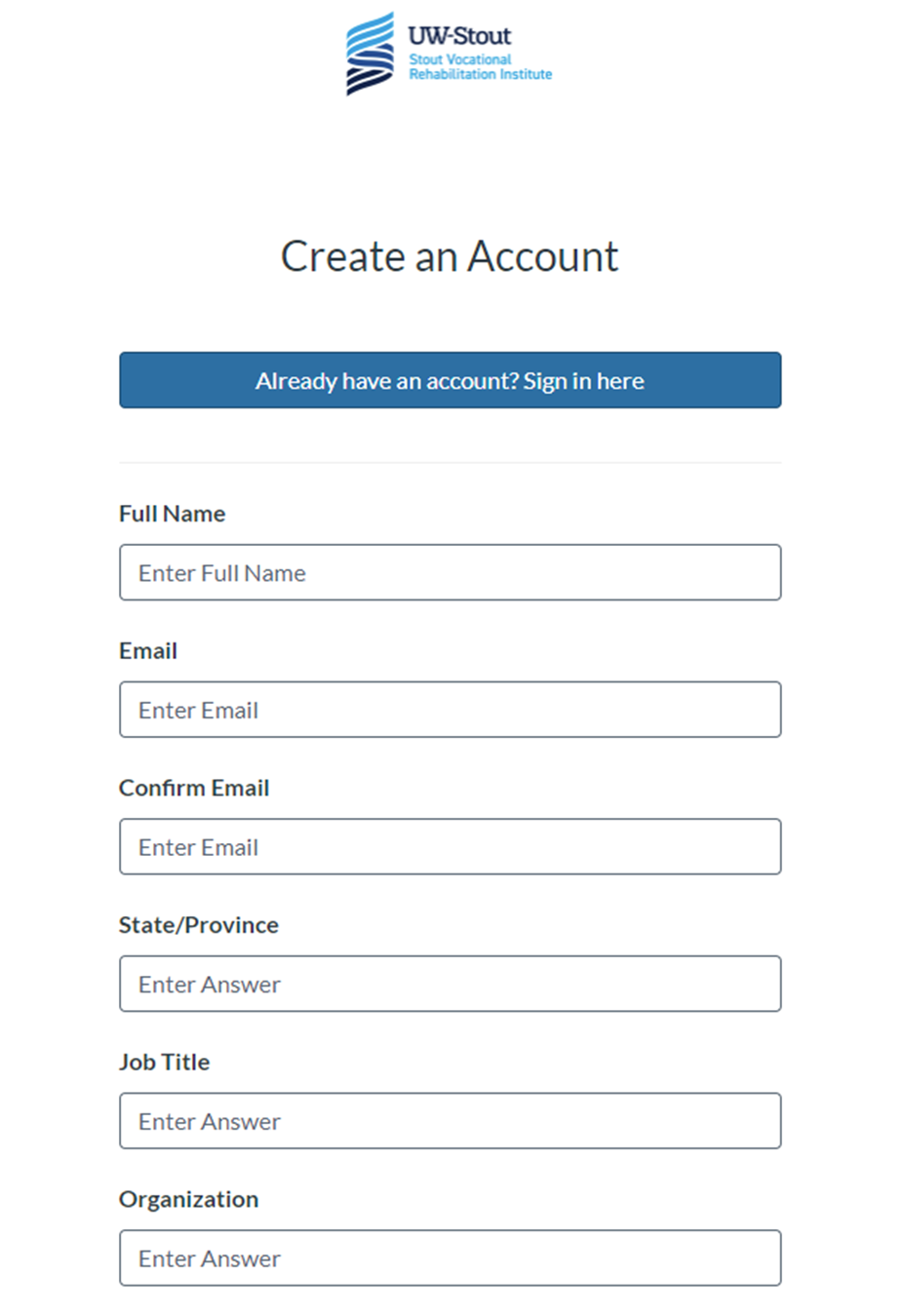 screen shot of create an account