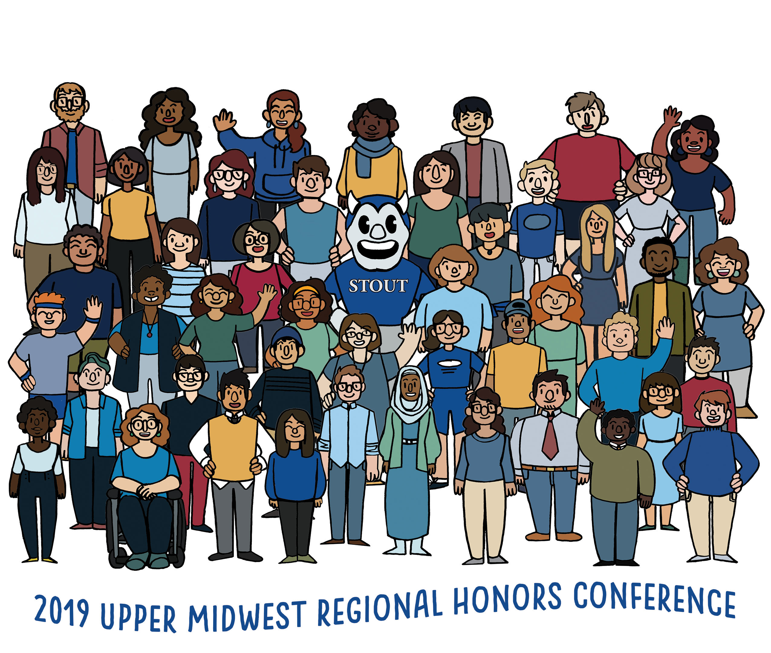 2019 Upper Midwest Honors Conference Logo - group of cartoon students and UW-Stout mascot Blaze