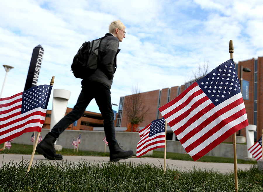 Flags to honor veterans will be placed in the amphitheater of the Memorial Student Center on Monday, Nov. 11, which is Veterans Day. A reading of the names will begin at 1 p.m.