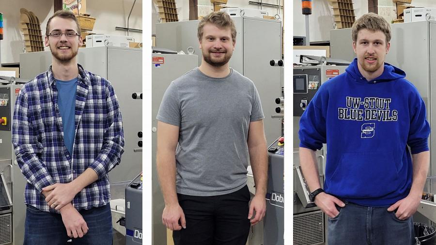 Photo collage of Connor Erwin, Benjamin Lindgren and Corey Klatt in the Packaging Lab.