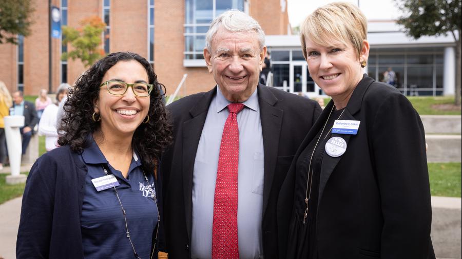 Chancellor Katherine Frank, right, and interim Provost Glendali Rodriguez attended the vaccination event with Tommy Thompson.
