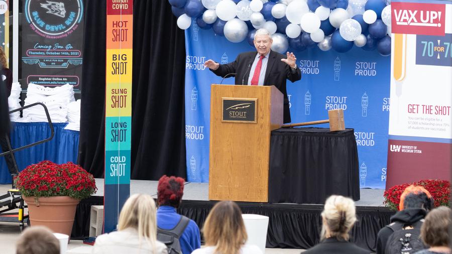 UW System President Tommy Thompson speaks at UW-Stout on Monday, Oct. 11, during an event to celebrate students reaching a 70% vaccination rate.