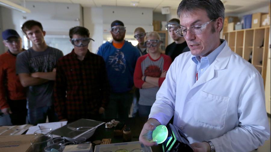 UW-Stout Professor Matthew Ray conducts a lab experiment. He enjoys helping students conduct research each year “to expand upon the basic concepts that we discuss in lecture and lab classes.”