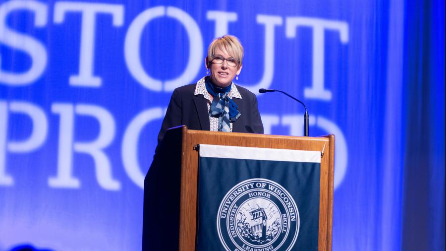 Katherine Frank, the eighth leader in UW-Stout’s history, speaks at the celebration.