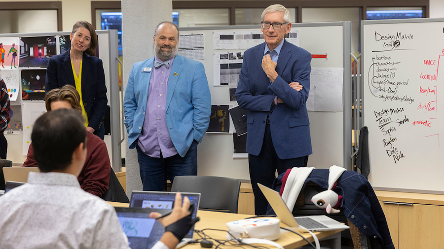 Gov. Evers speaks with students in UW-Stout's Animation and Game Design studios