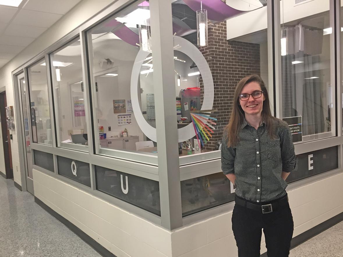 Nicole Eastman, pictured outside the Qube, in Merle M. Price Commons,  is the new program coordinator for UW-Stout LGBTQIA+ program.  / UW-Stout photos by Pam Powers