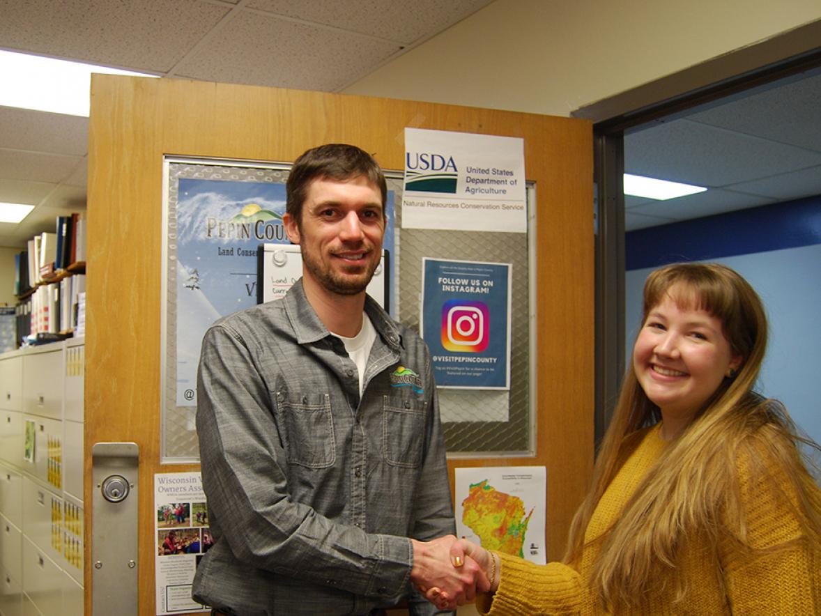 UW-Stout student Molli Reeder, at right, met earlier this year with Chase Cummings, Pepin County Land Conservation planning director.