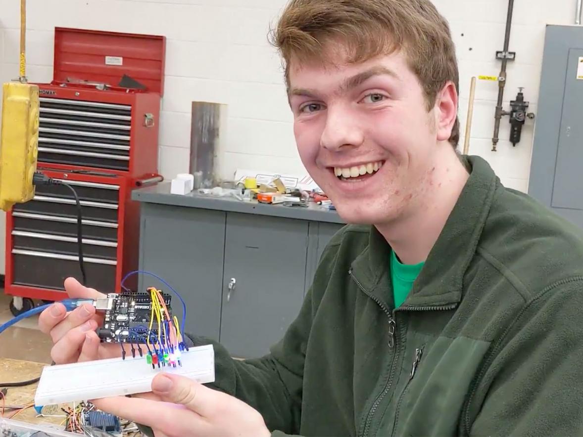 Nathan Thompson, first-year double-major in applied science and mechanical engineering, in the electronics lab.