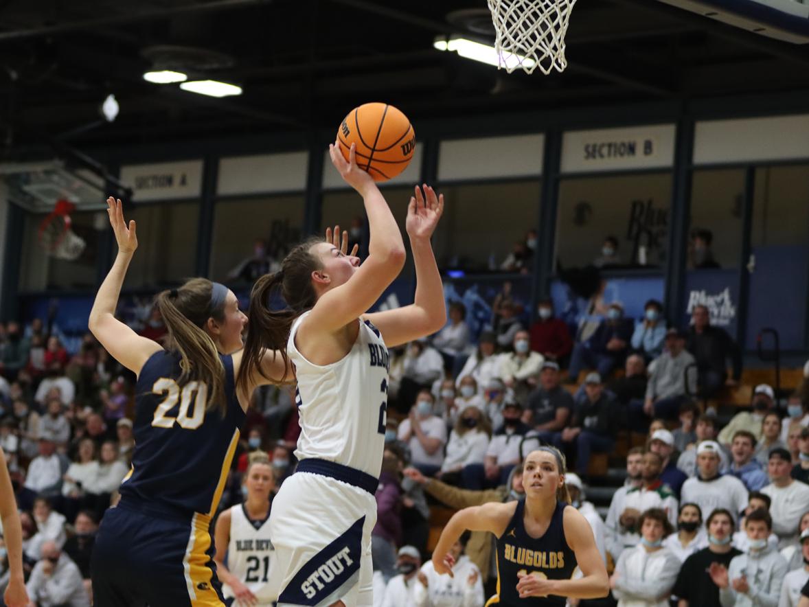 A UW-Stout women’s basketball player goes up for a shot against UW-Eau Claire during a game in February at Johnson Fieldhouse.