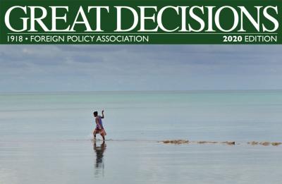 Cover of Great Decisions 2020, featuring a woman wading through rising tides.